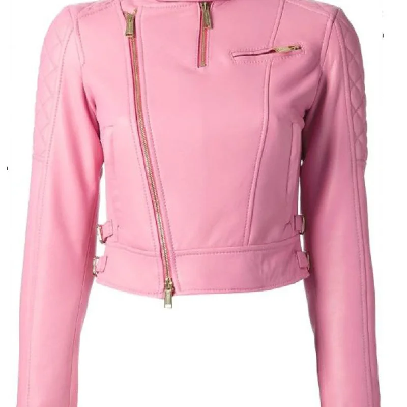 Womens Biker Quilted Assymetrical Pink Leather Jacket Bomber Jacket Anorak Windbreaker