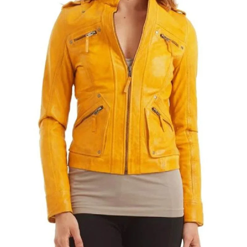 Women's Biker Yellow Leather Jacket Rayon Jacket Velvet Jacket Corduroy Jacket