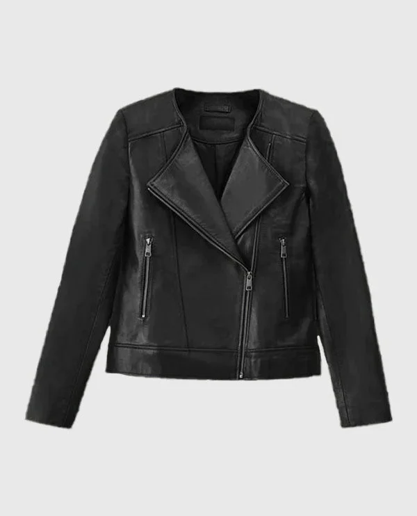 Women's Black Collarless Biker Leather Jacket Nylon Fabric Polyester Fabric Spandex Fabric