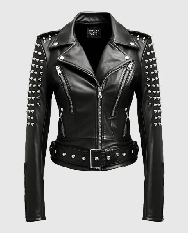 Women's Black Stud Biker Leather Jacket Trench Coat Raincoat Waterproof Jacket