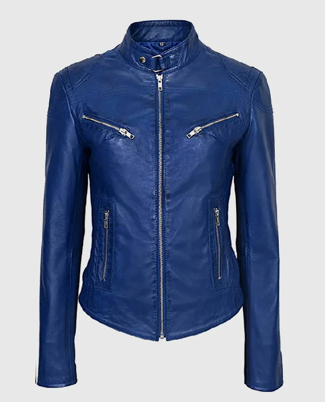 Women's Blue Basic Four Pocket Leather Jacket Front Pockets Side Pockets Patch Pockets