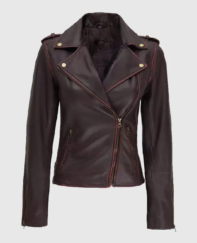 Women's Brown Asymmetrical Leather Motorcycle Jacket Mesh Jacket Canvas Jacket Denim Jacket