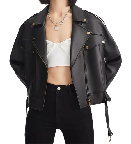 Womens Juniper Genuine Lambskin Biker Leather Jacket Zippered Jacket Buttoned Jacket Snapped Jacket