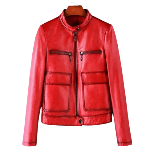 Womens Nyra Front Pocket Red Genuine Lambskin Leather Jacket Fleece Jacket Down Jacket Feather Jacket