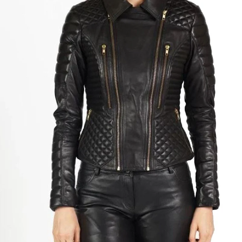 Womens Padded And Quilted Motorbike Black Leather Jacket Front Pockets Side Pockets Patch Pockets