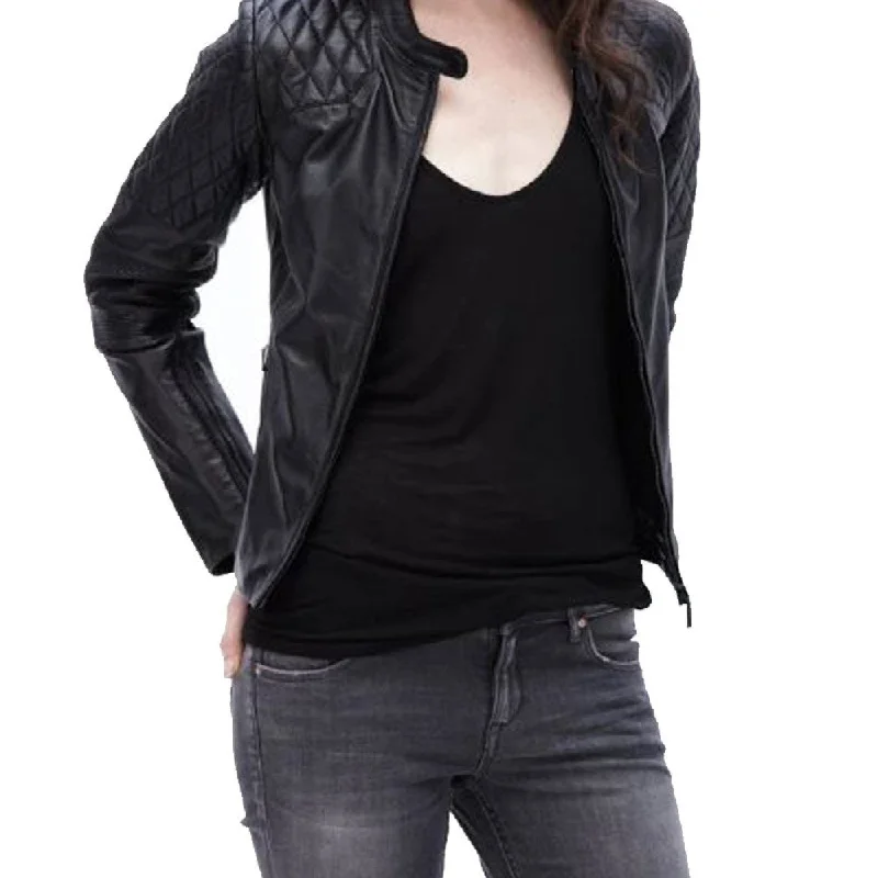 Womens Quilted Black Motorcycle Leather Jacket Faux Fur Jacket Real Fur Jacket Shearling Jacket