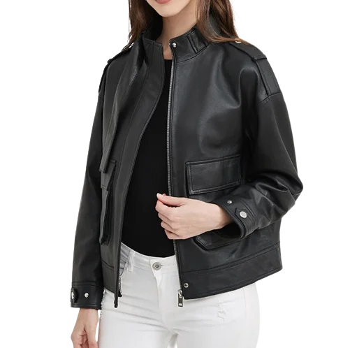 Womens Raya Genuine Lambskin Leather Jacket Ribbed Jacket Pleated Jacket Ruffled Jacket