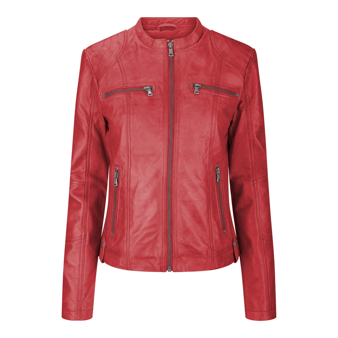 Women's Leather Jacket Short Fitted Red Chinese Collar Fitted Jacket Loose Jacket Oversized Jacket