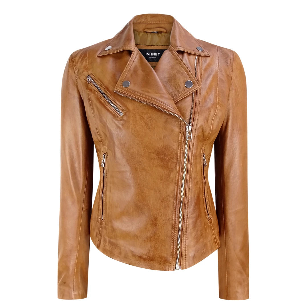 Infinity Women's Brando Tan Biker Soft Nappa Leather Jacket Faux Fur Jacket Real Fur Jacket Shearling Jacket