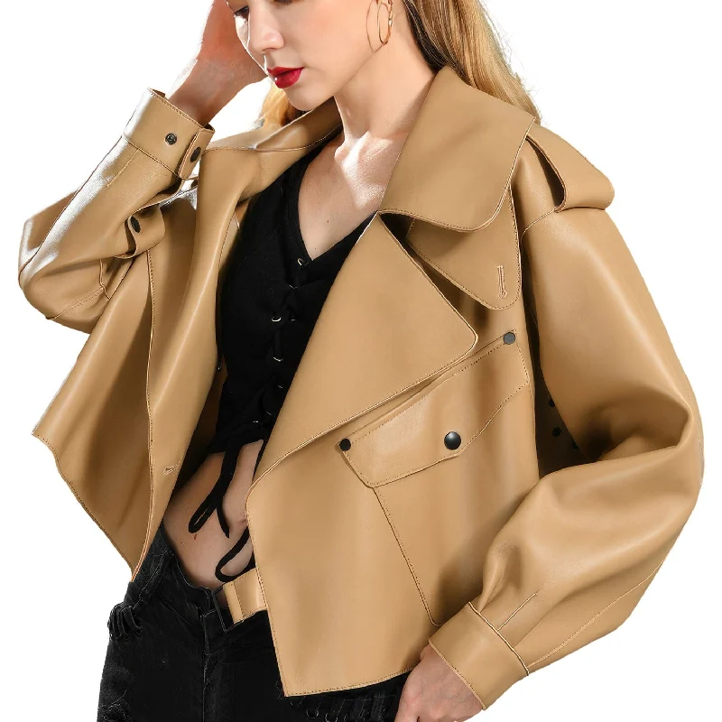 Women's Tan Brown Sheepskin Biker Jacket: High Street Elegance for Autumn & Spring Fleece Fabric Down Fabric Feather Fabric