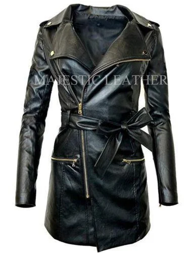 Women's Zip-up Long Jacket Belt Real Leather Trench Coats A-Line Jacket Boat Neck Shawl Collar