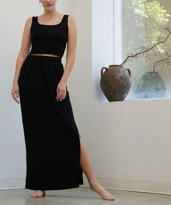 Bamboo Classic Maxi Skirt (Black/Slate Navy) silk skirt lustrous