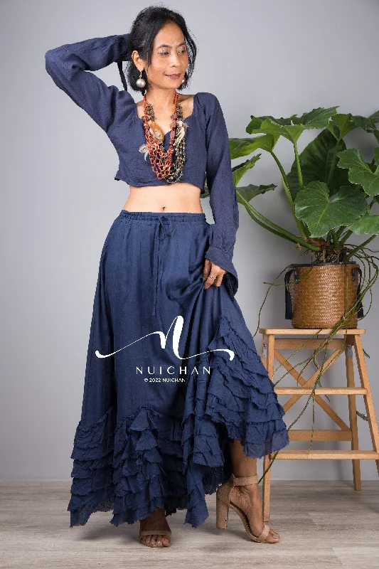 Blue boho cotton skirt lace skirt romantic