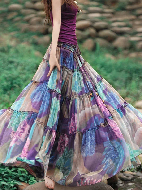 Bohemian Floral Print Drawstring Wrinkled Cotton Big Swing Maxi Skirt vintage skirt charm Bohemian Floral Print Drawstring Wrinkled Cotton Big Swing Maxi Skirt vintage skirt charm