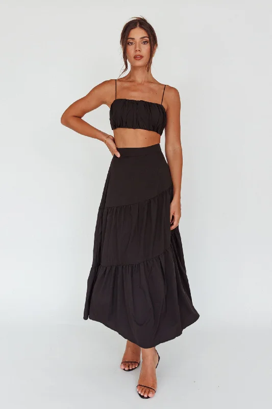 Bondi Waist Tie Maxi Skirt Black denim skirt casual