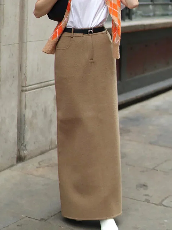 Light Brown Woolen High Waist Maxi Skirt cashmere skirt soft