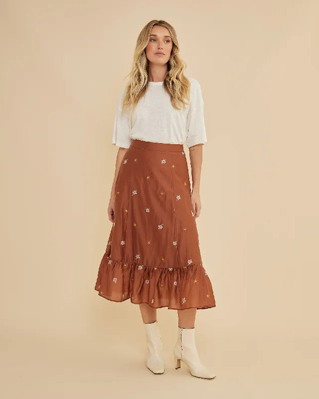 Monique Cross Stitch Midi Skirt - Rust denim skirt classic