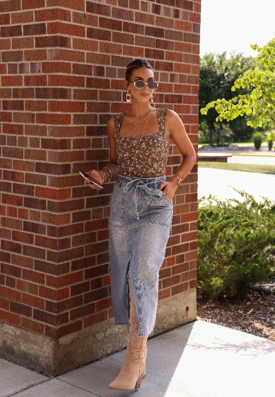 Denim Tie Waist Midi Skirt floral skirt print
