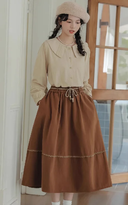 Drawstring Midi Skirt (Brown) velvet skirt rich