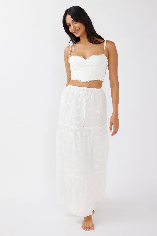 Gracelyn Drawstring Embroidery Maxi Skirt White leather skirt refined