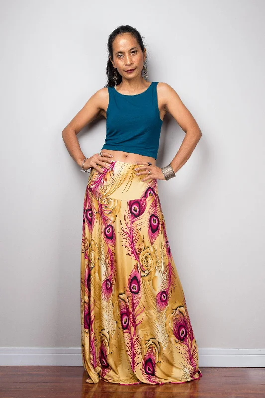 High waist skirt | boho peacock maxi skirt | Floor length women's skirt maxi skirt elegant