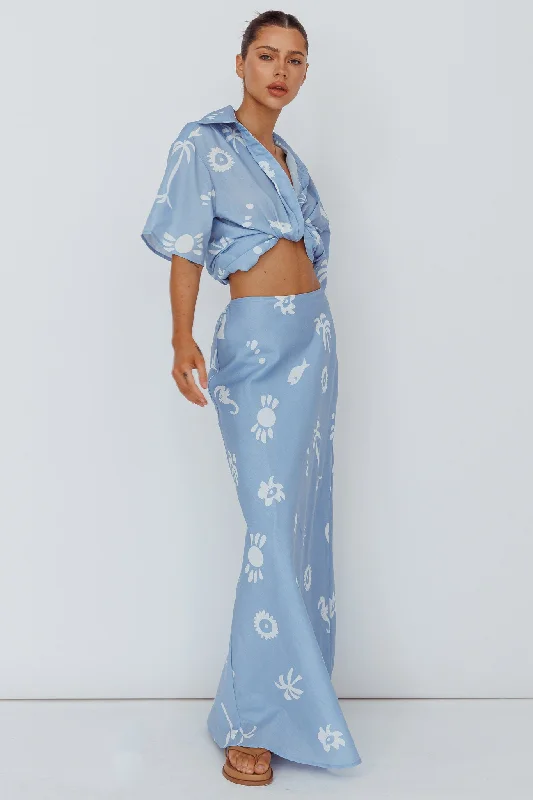 Light Aura Maxi Skirt Print Blue White velvet skirt luxury