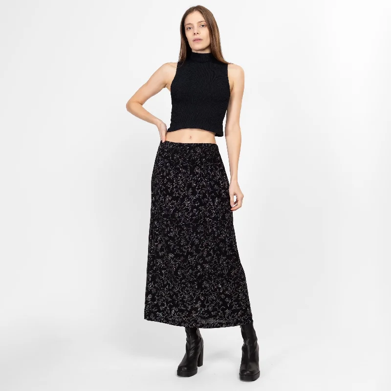 Med-1X 90s Black Slinky Metallic Floral Maxi Skirt chiffon skirt airy
