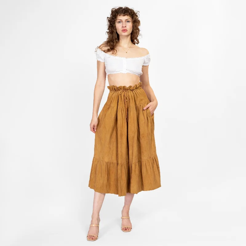Med-Lrg 90s Maxfield Parrish Tan Suede Midi Skirt cashmere skirt plush