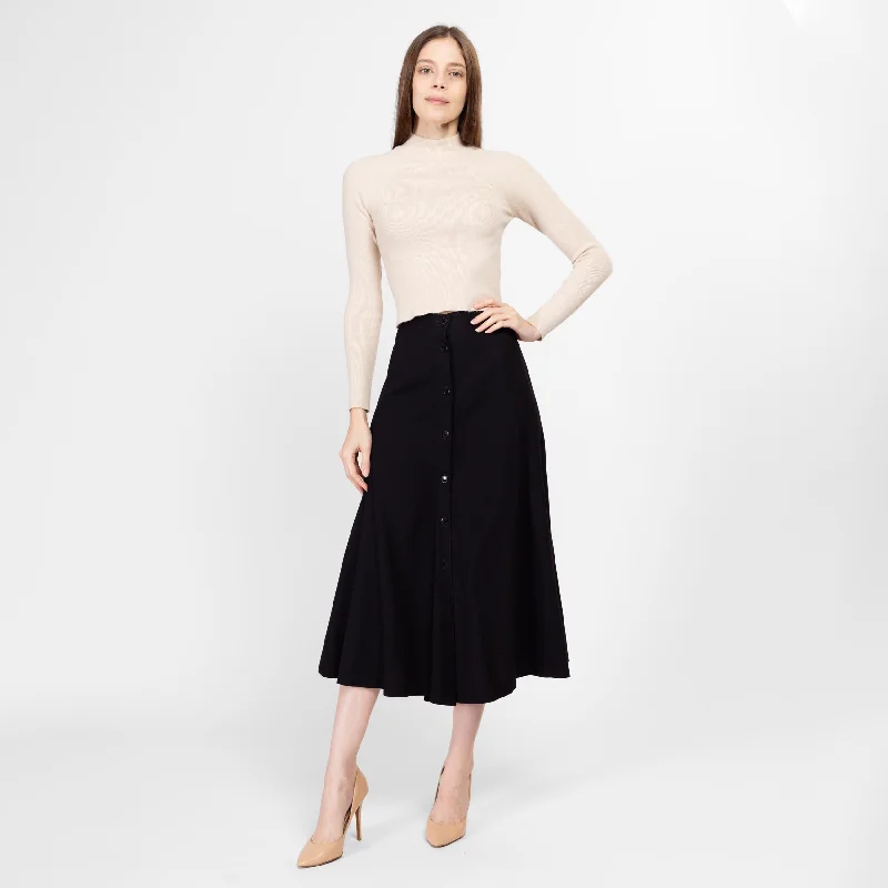 Medium 80s Ann Taylor Black Wool Midi Skirt 28" button skirt front