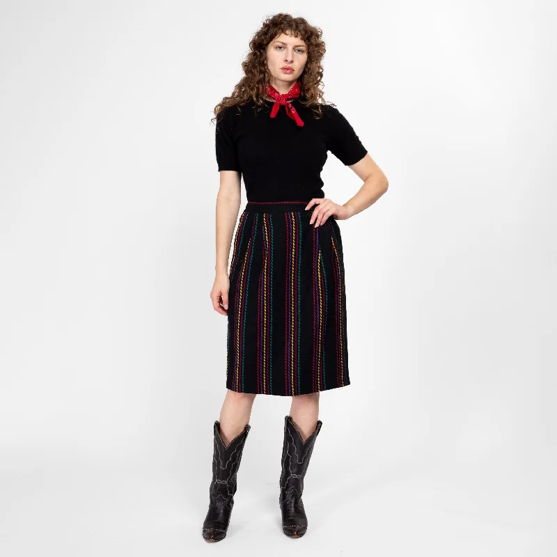 Medium 80s Black Rainbow Striped Knit Midi Skirt leather skirt durable
