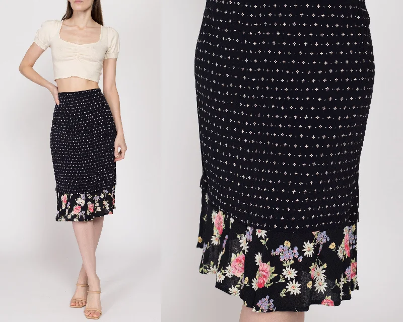 Medium 90s Black Floral Polka Dot Midi Skirt 30" seamless skirt comfort