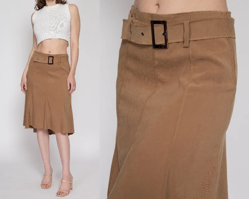 Medium 90s Brown Belted High-Low Midi Skirt 30" high slit skirt