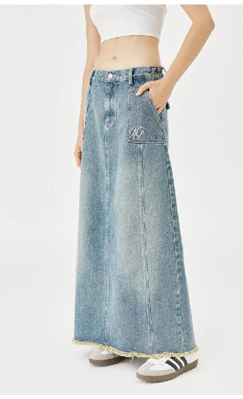 MessAgeLab-Women's vintage senior sense mid-length work skirt casual versatile torn seam denim half skirt tiered skirt playful MessAgeLab-Women's vintage senior sense mid-length work skirt casual versatile torn seam denim half skirt tiered skirt playful