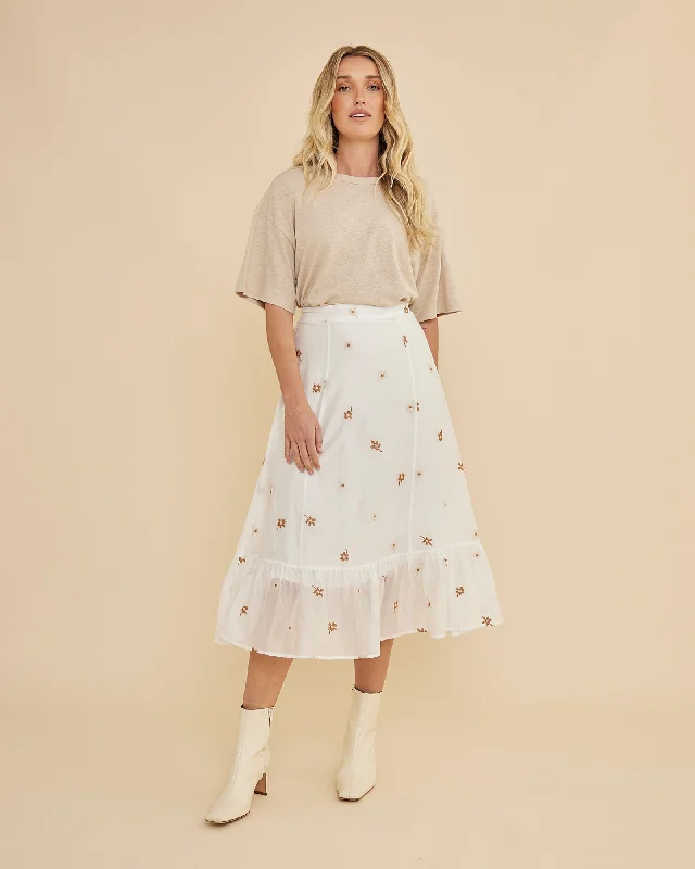 Monique Cross Stitch Midi Skirt - White lace skirt romantic
