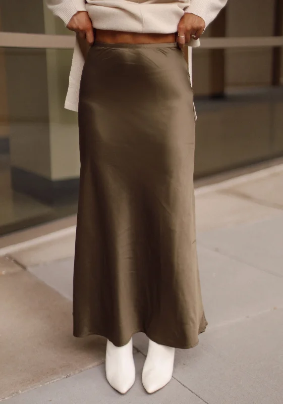 Olive Satin Midi Skirt velvet skirt sumptuous