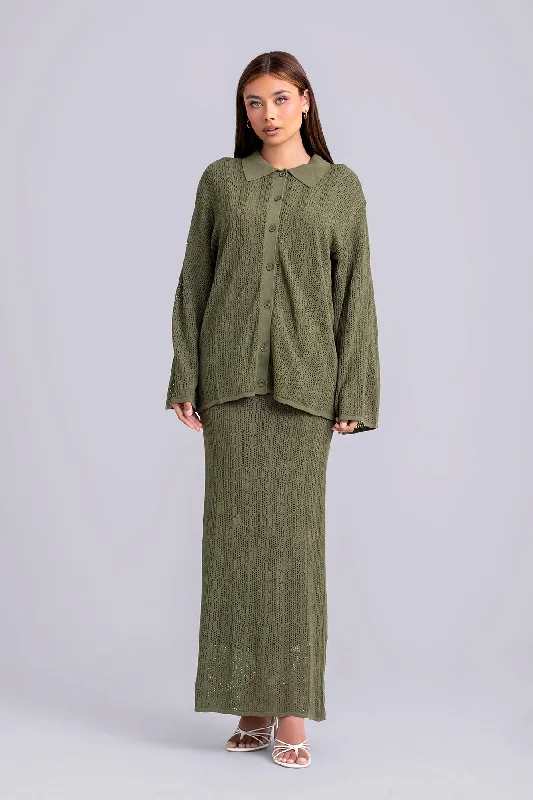 Oula Crochet Top & Maxi Skirt Set- Olive ribbed skirt waist