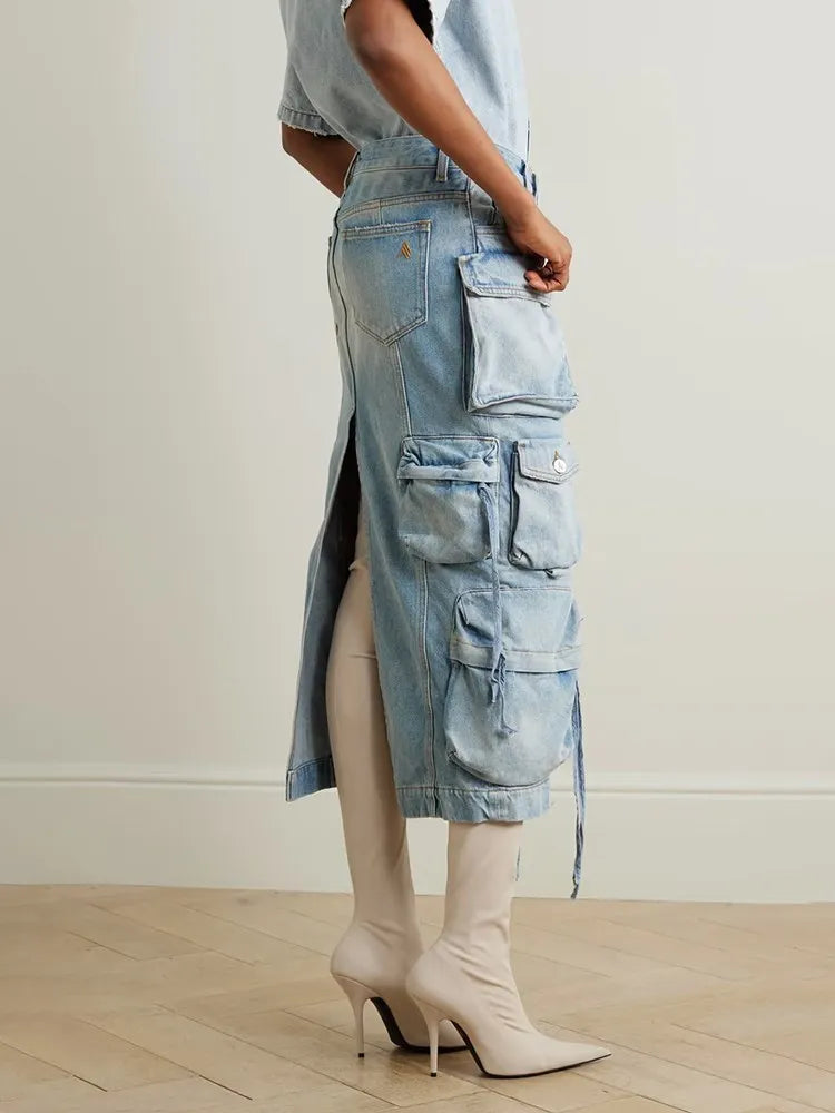 Patch Pocket Split Seem Denim Midi Skirt tiered skirt playful