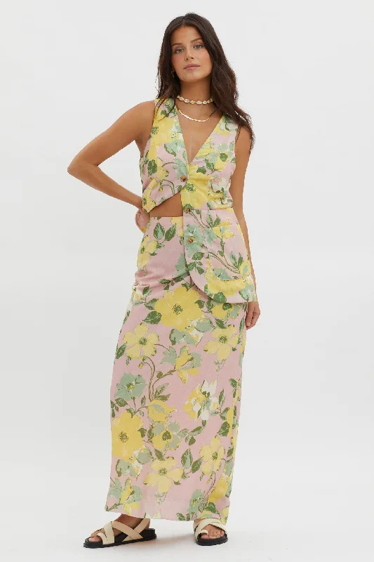Philomena Midi Skirt Floral Blush belted skirt waist