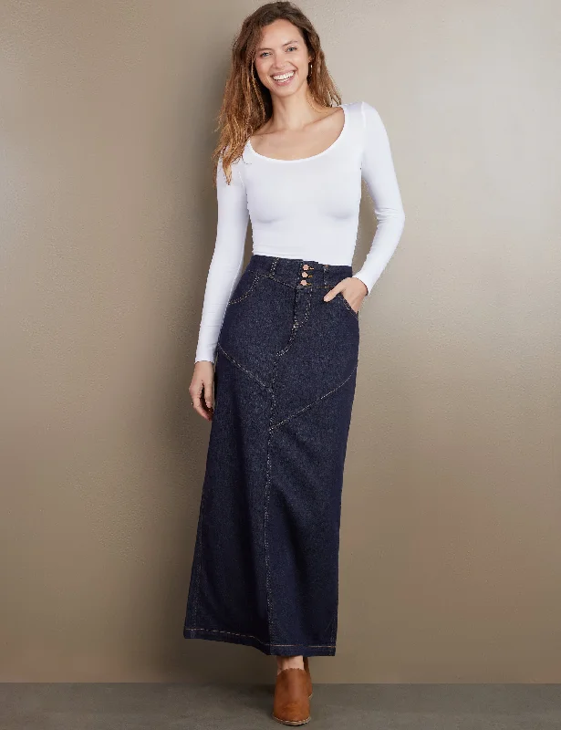Pieced Denim Maxi Skirt ribbed skirt waist