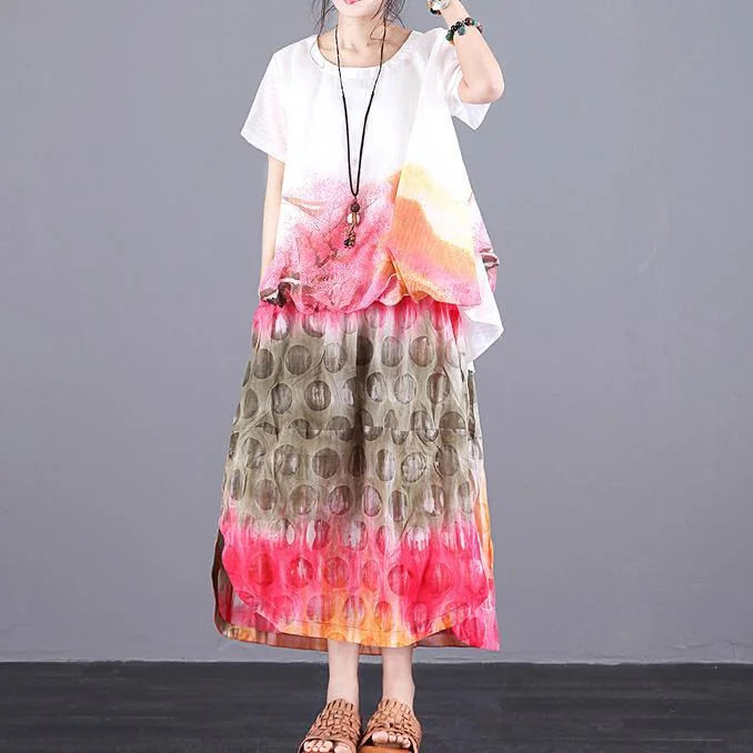 Print 2019 female summer new long paragraph loose literary casual short sleeve two-piece skirt chiffon skirt airy
