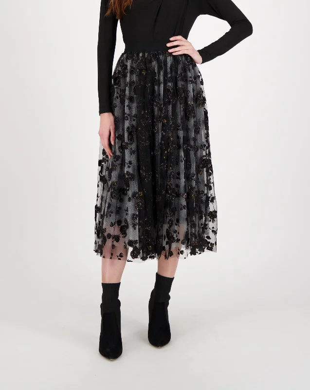 Rose Flocked Layered Mesh Midi Skirt cashmere skirt fine