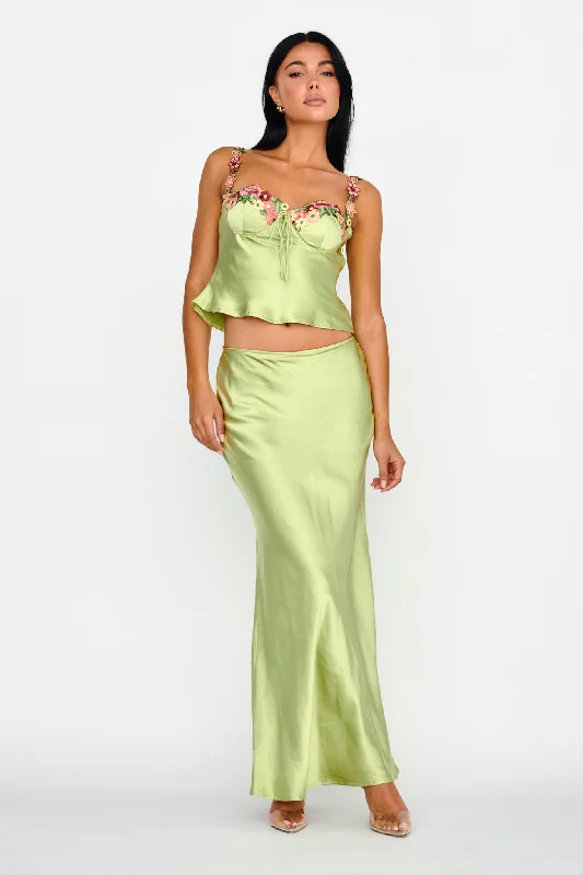 Rose Garden Satin Maxi Skirt Lime corduroy skirt cozy
