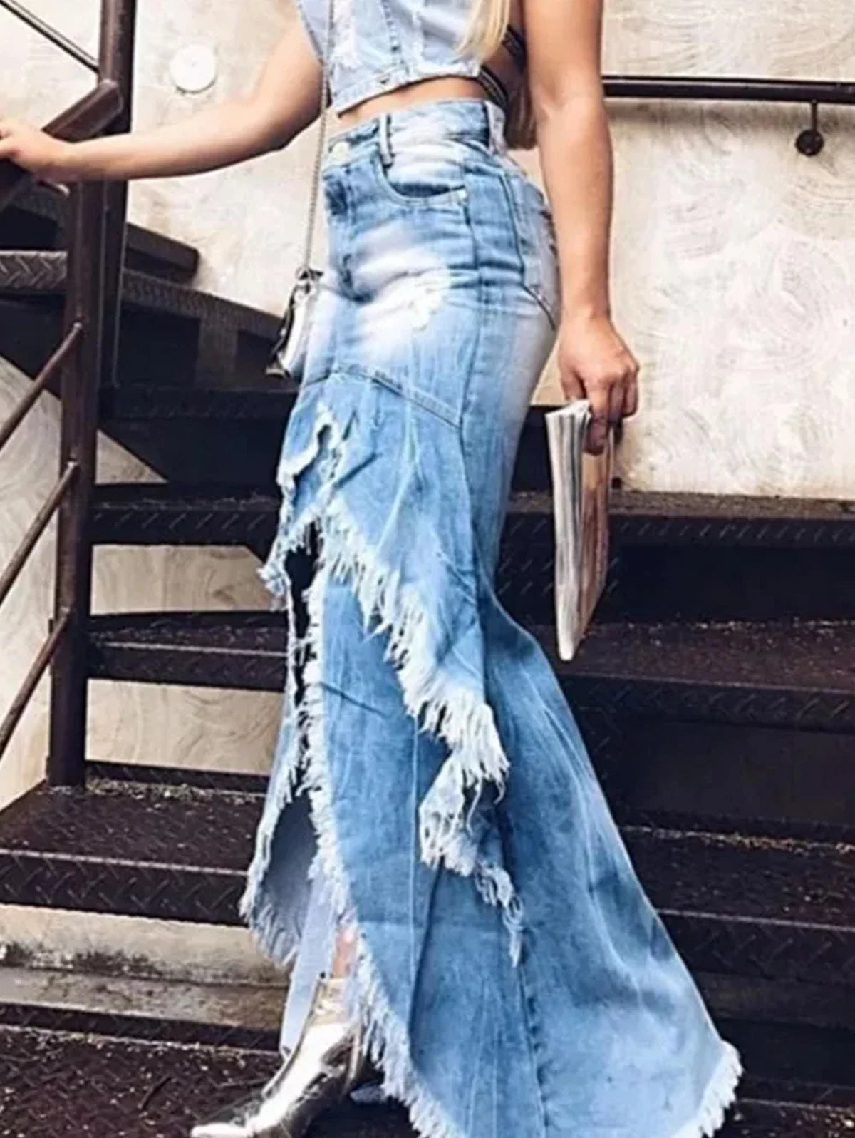 Rough Edge Ruffle Hem Denim Maxi Skirt ~Plus Size Too! ribbed skirt waist