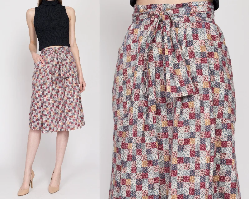 Small 70s Patchwork Calico Floral Wrap Skirt zip skirt side