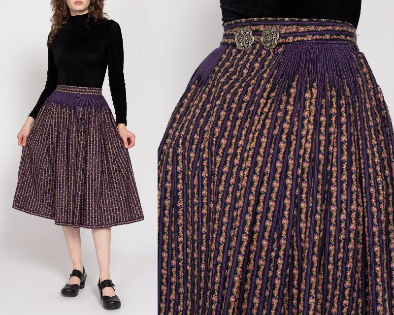 Small 80s Floral Striped Belted Midi Folk Skirt belted skirt waist