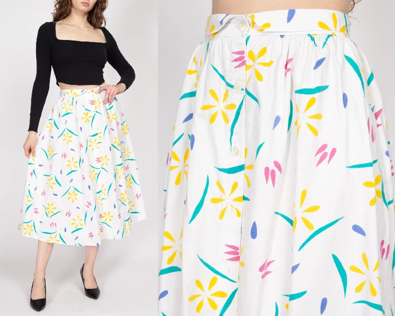 Small 80s White Whimsical Floral Midi Skirt corduroy skirt durable