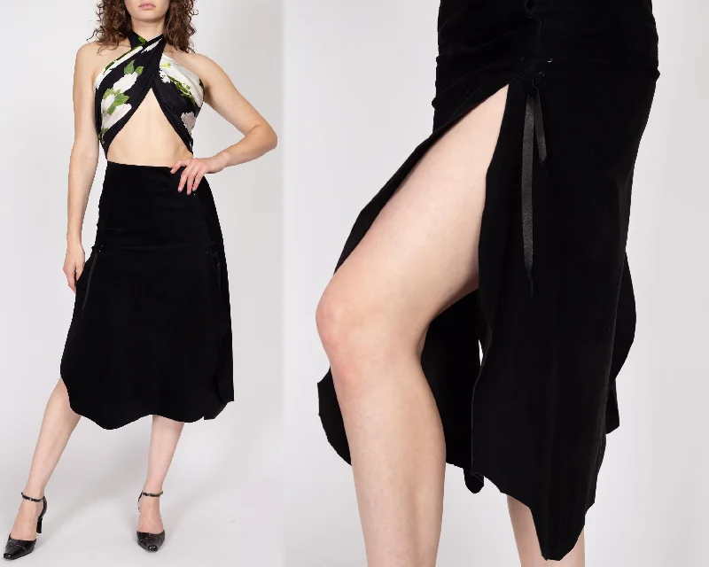 Small 90s Western Gothic Black Suede Midi Skirt linen skirt natural