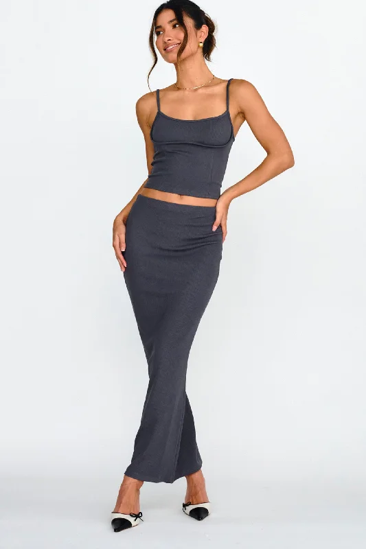 Strike A Pose Ribbed Maxi Skirt Charcoal leather skirt durable