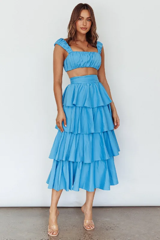 Suenito Tiered Frill Maxi Skirt Blue corduroy skirt cozy