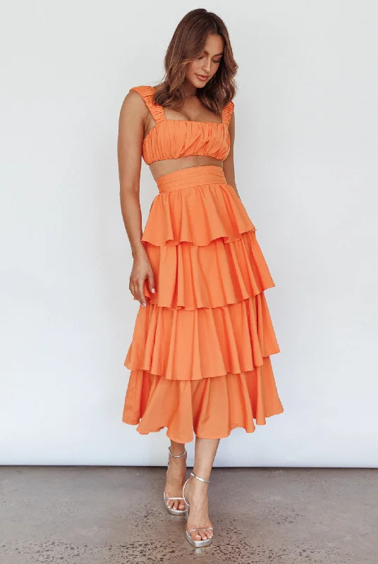 Suenito Tiered Frill Maxi Skirt Orange floral skirt print